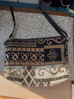 Boho Tapestry Crossbody Bag in Black and Beige